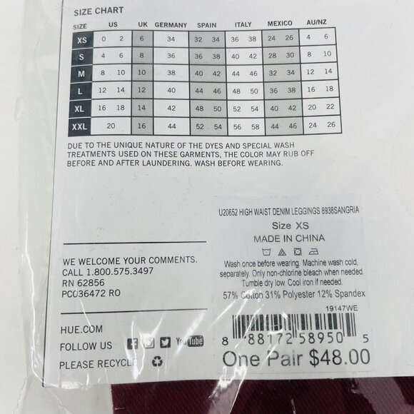 Hue Womens XS 0-2 High-Waist Soft Denim-Look Leggings Sangria U20652 $48 2143 - Picture 6 of 6